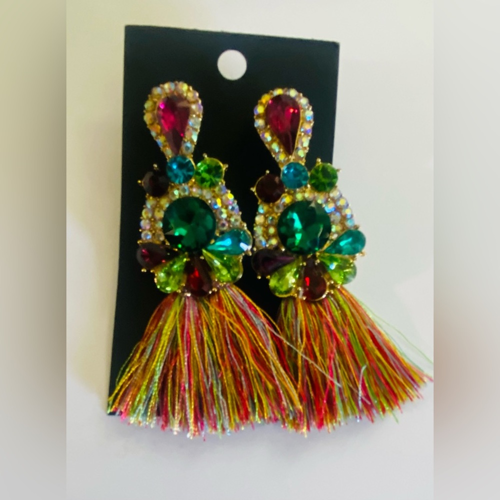 Multicolor Tassel Statement Earrings with Green Gem Accents
